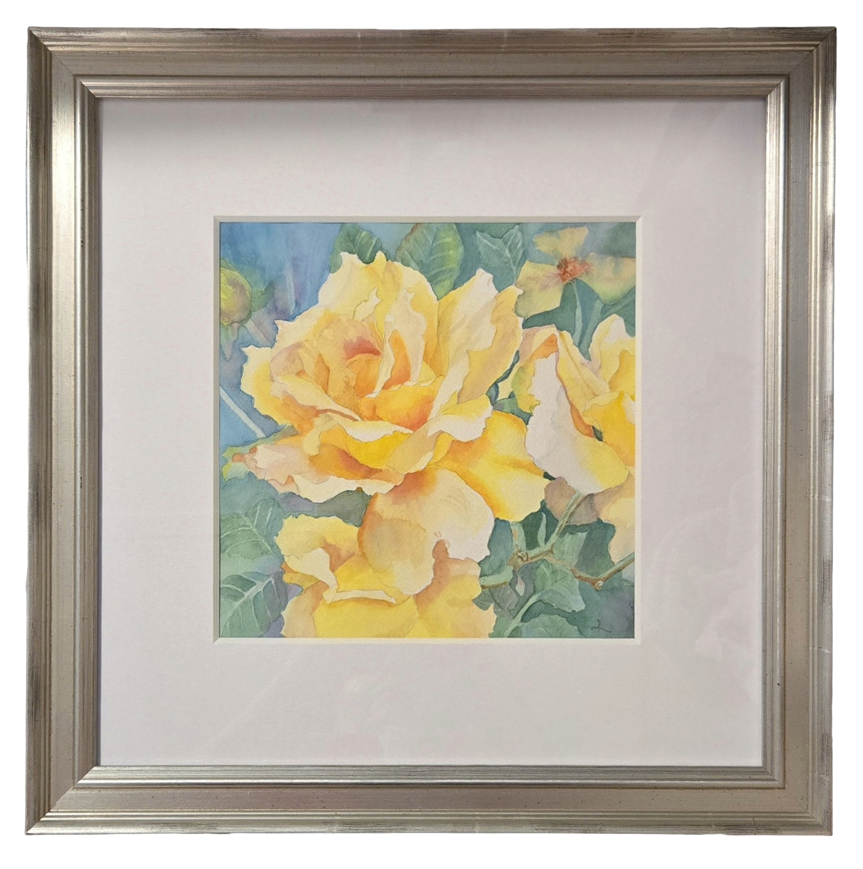Watercolor of yellow roses in a silver frame with a white mat