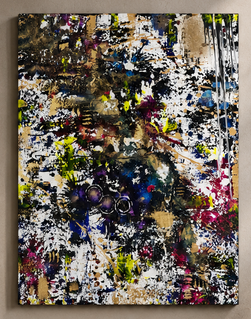 Baby on Board, a dense layered abstract with splatter and circle motifs by Kayce Bae