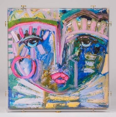 Blue Ivey giclee canvas by Windy OConnor: abstract female face in blues and pinks, shown in a clear acrylic frame