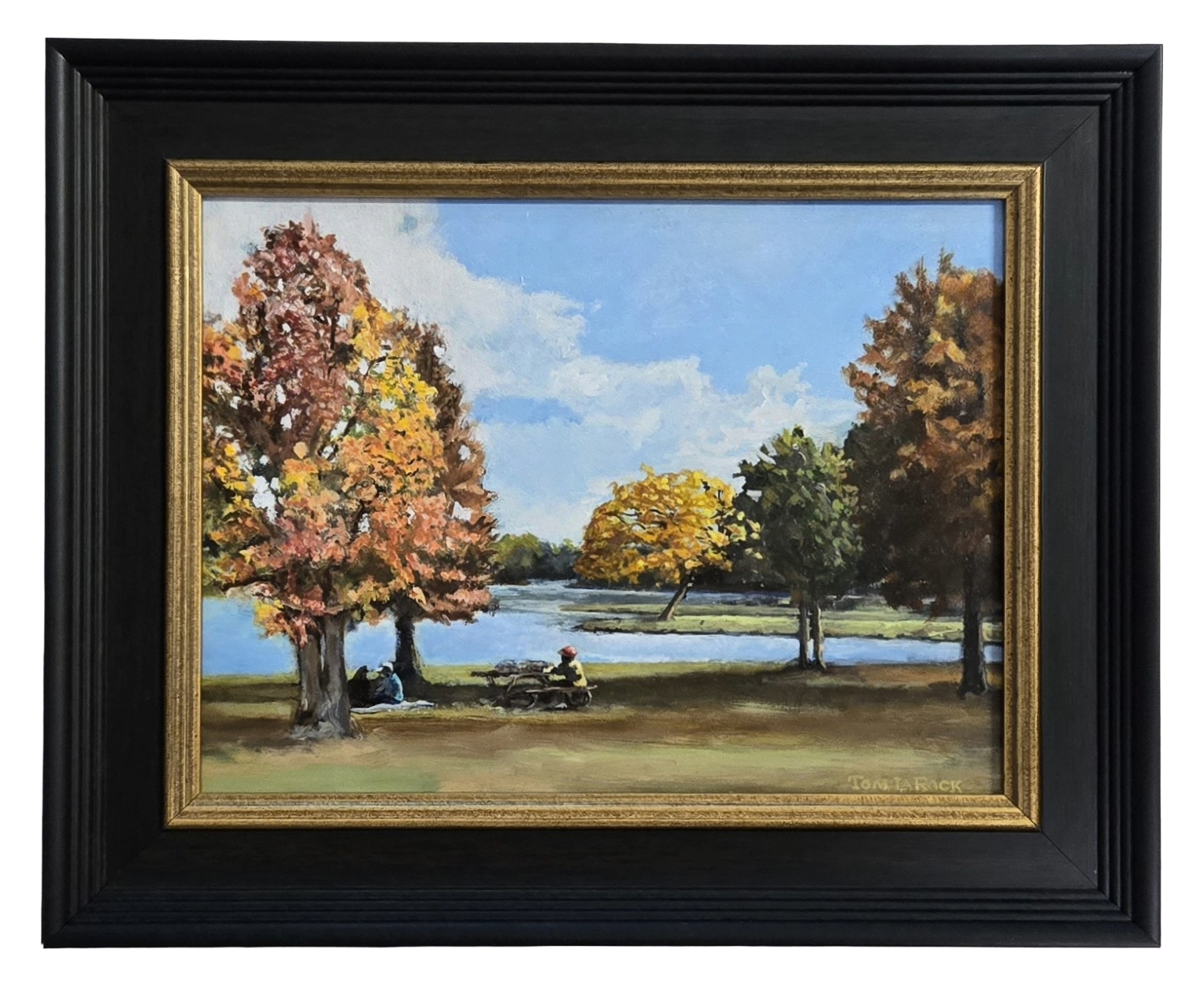 Oil painting of autumn trees by a lake with figures at a picnic table, Borroughs Park by Tom LaRock