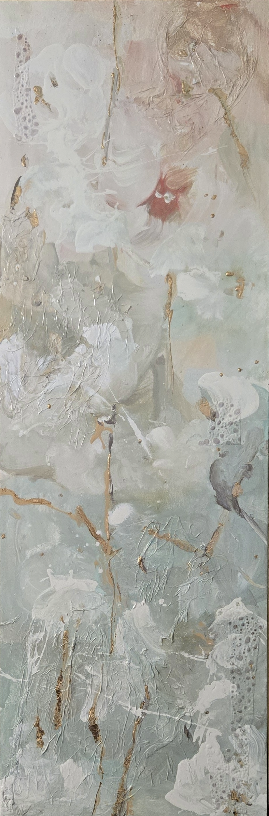 Tall abstract floral painting in soft sage and white with gold leaf accents