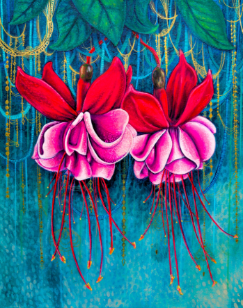 Acrylic painting of two vivid pink fuchsia blossoms on a teal background with gold vines by Jess Romney
