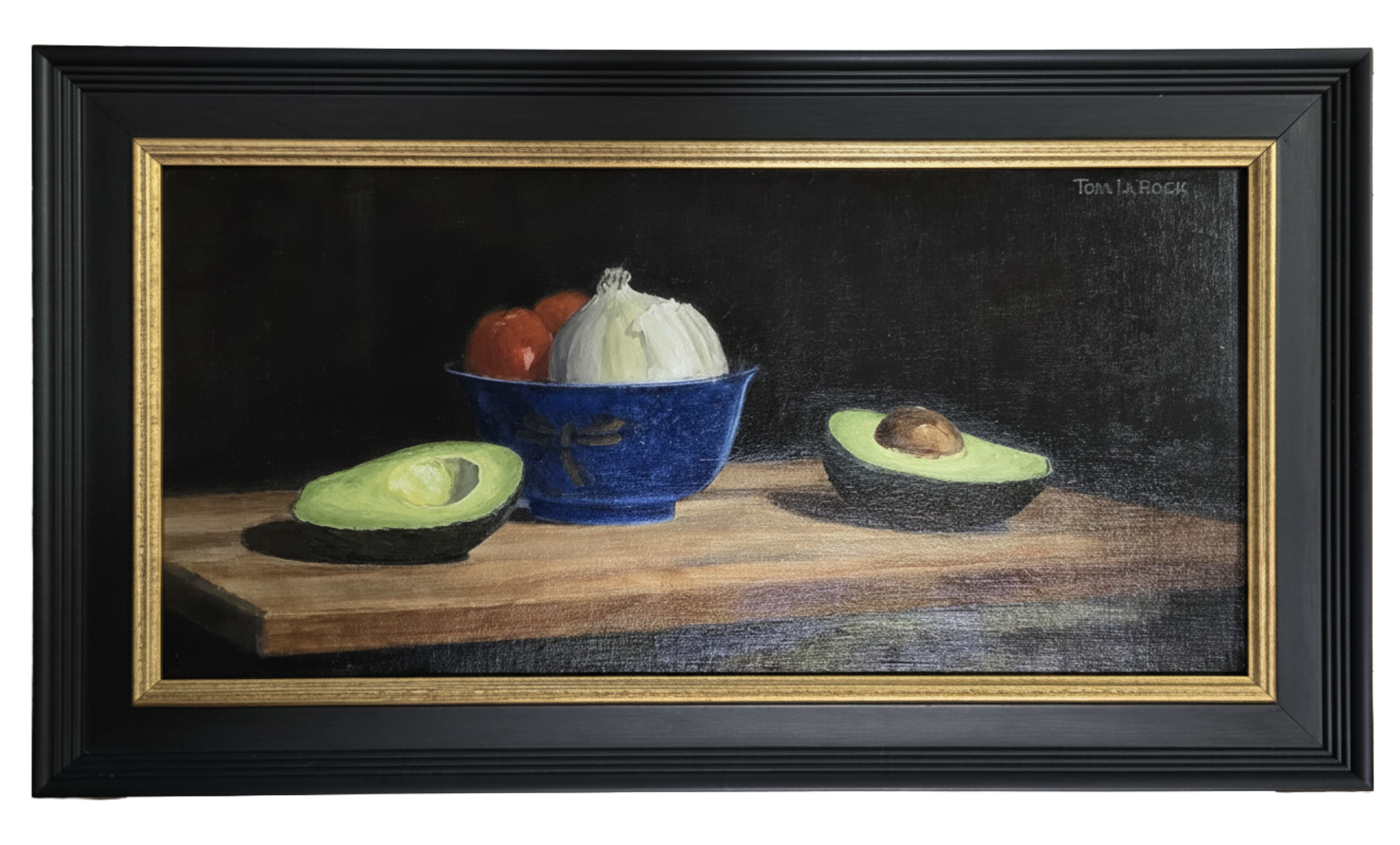 Oil still life of halved avocados, a blue bowl, onion and tomatoes on a cutting board by Tom LaRock