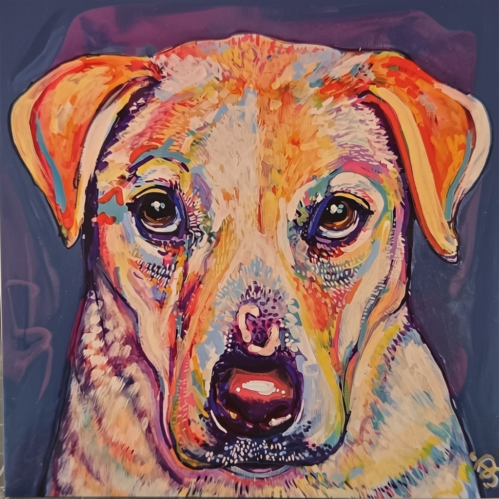 Vibrant pop-art print of a Labrador retriever's face in warm tones on a purple background by Jess Romney