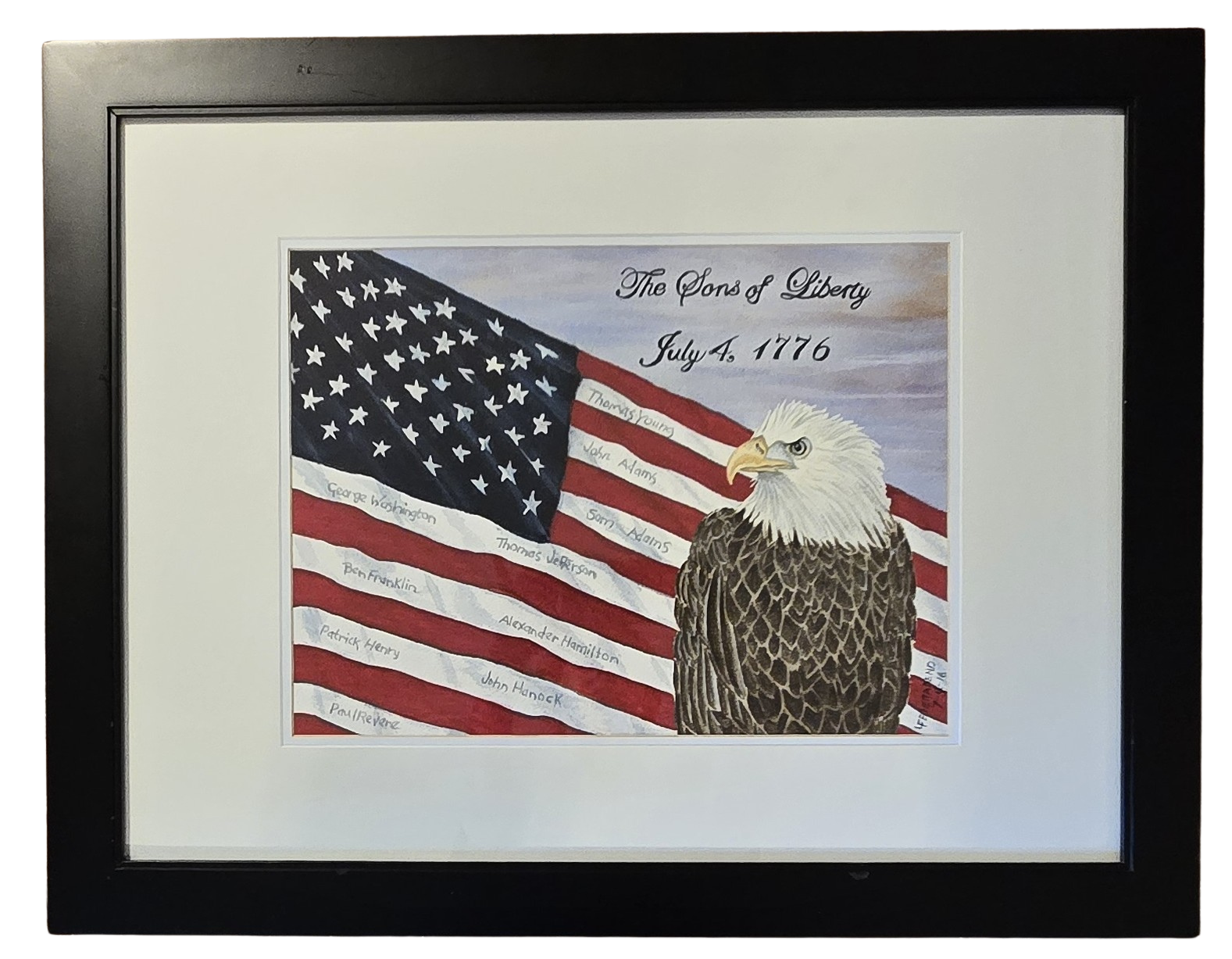 Watercolor of a bald eagle before an American flag titled The Sons of Liberty by Lynda Feierabend