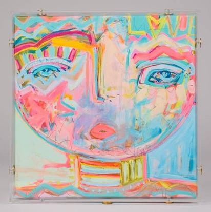 Starburst giclee canvas by Windy OConnor: pastel abstract female face in pinks and aquas, shown in a clear acrylic frame