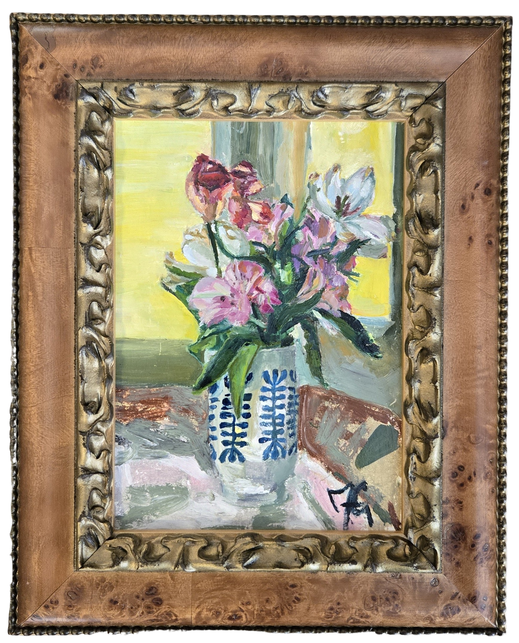Oil painting of tulips in a blue and white vase on a kitchen table, in an ornate burl frame
