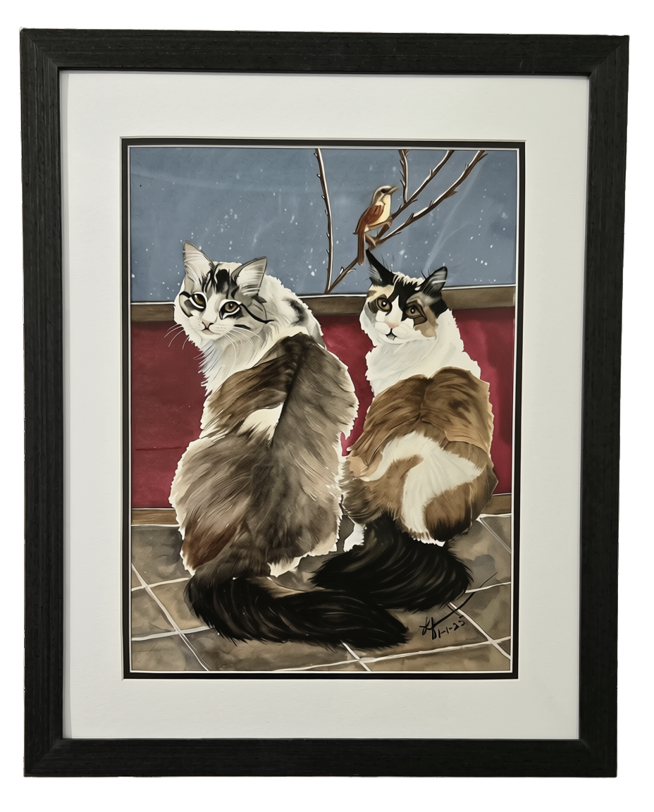 Watercolor of two long-haired cats watching a small bird on a branch by Lynda Feierabend