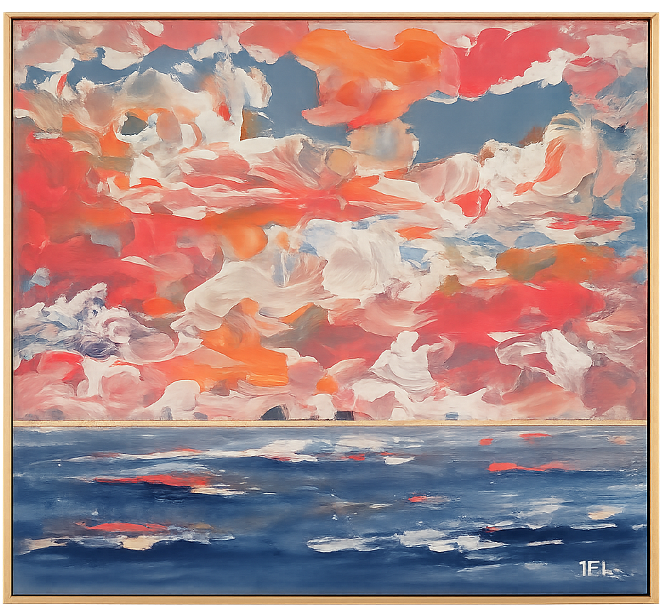 Acrylic and gold leaf painting of coral and white clouds billowing over deep blue water with a gilded horizon by Joanna Purvis