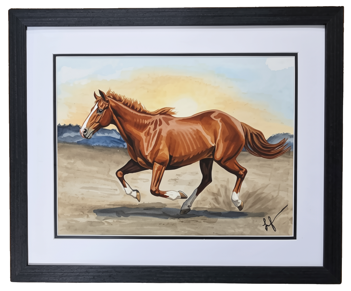 Watercolor of a chestnut horse galloping across sandy ground at sunrise by Lynda Feierabend