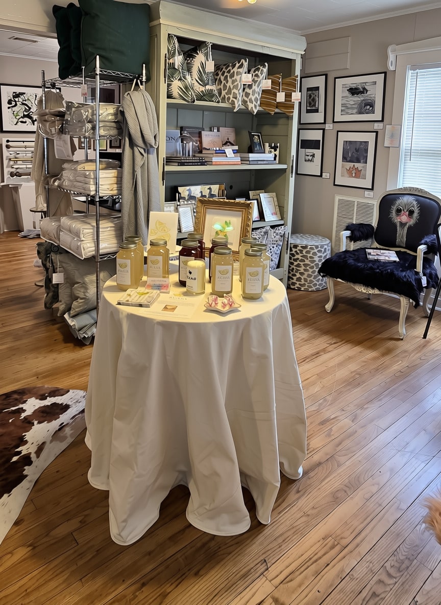 Interior of Langley Art & Home in Old Town Spring featuring original artwork, furnishings, textiles, and home accessories.