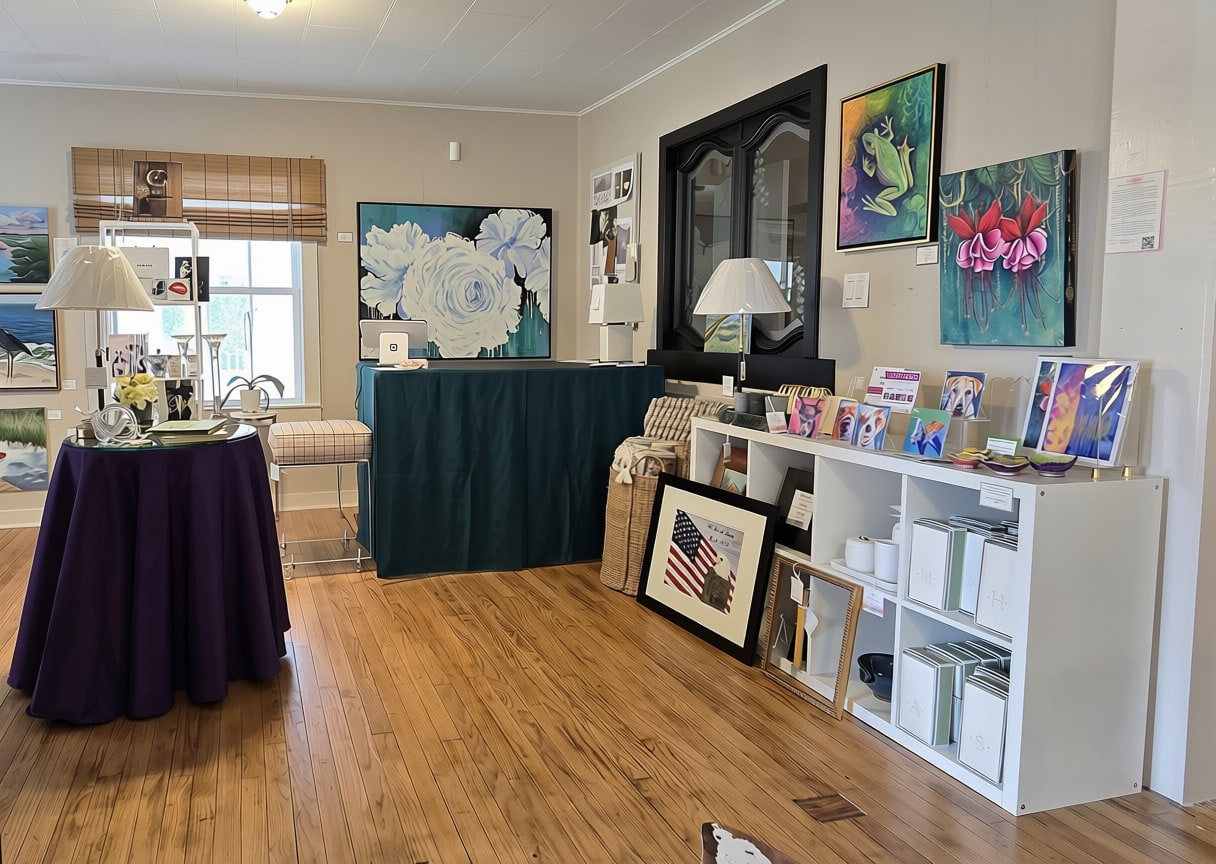 Artwork and styled displays inside the Langley Art & Home gallery