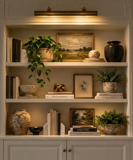 An art light over built-in shelves, putting the collection in focus.