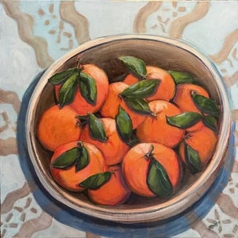 A bowl of oranges in Melanie's bright, expressive style.