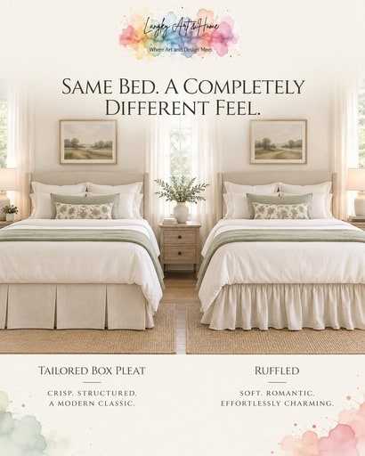 Same bed, two different feels: tailored box pleat or ruffled.